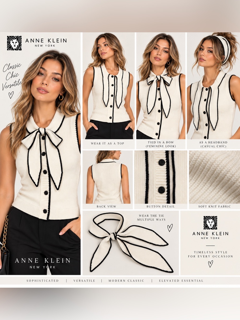 Anne Klein Ivory Black Trim Tie-Neck Sweater Vest NWT XL